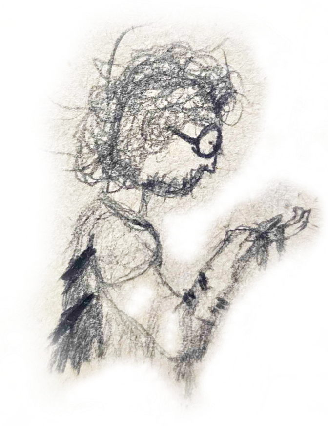 A sketch of Victor, with huge claw marks on his back and a bite mark on his arm, both bleeding profusely.