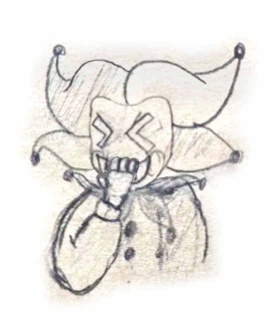 A sketch of The Game Master with her hand to her face, laughing.