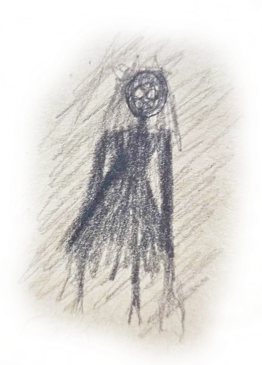A sketch of a pitch black figure, with long, messy hair, and a frilly dress. Her eyes are a solid white.