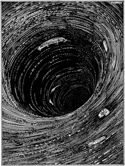 A black and white illustration of a ship-devouring whirlpool.