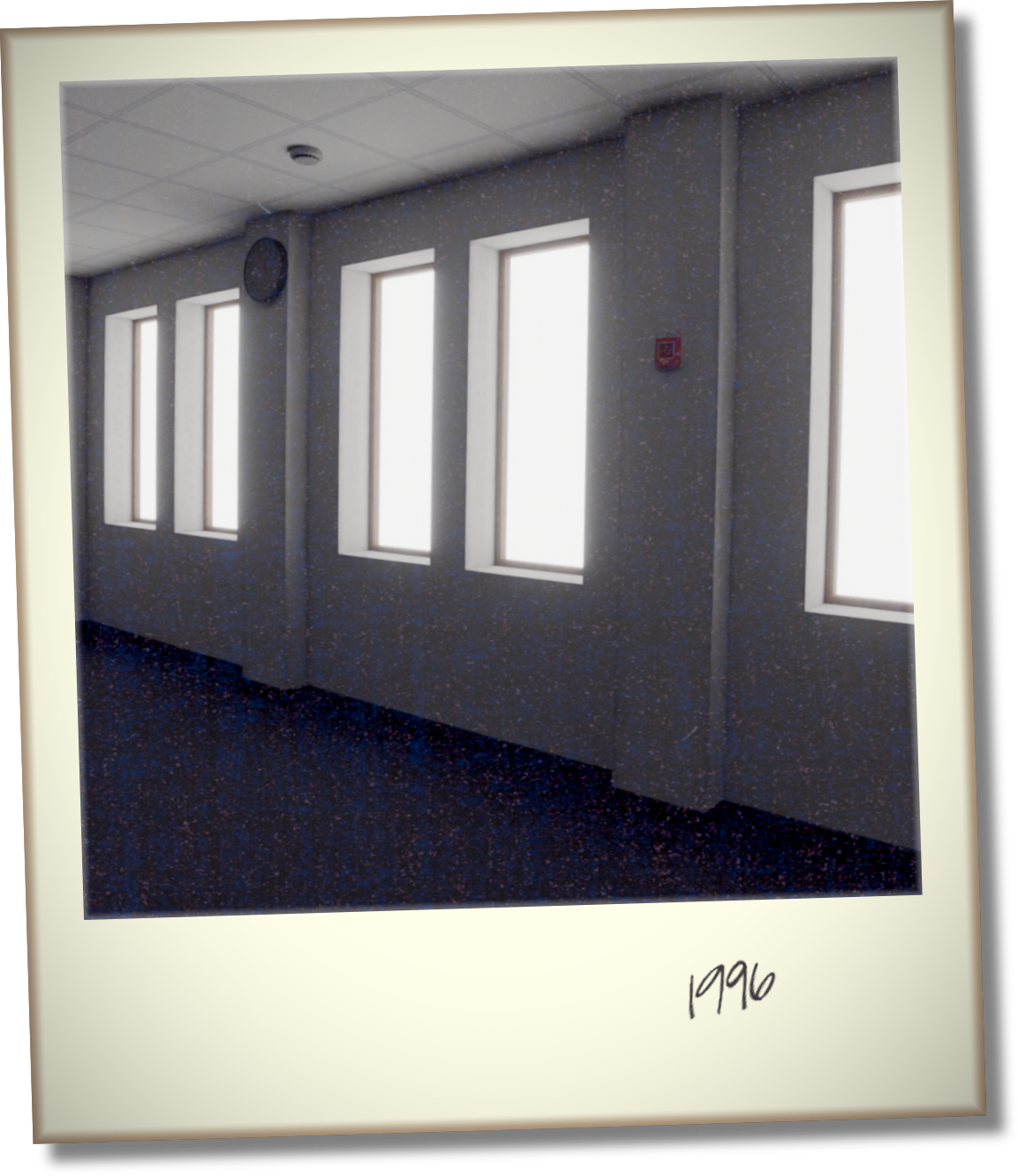 A polaroid of the windows of an empty white office space. Outside is a glowing white void. Text on the bottom has the year 1996, smaller and more shakily written than before.