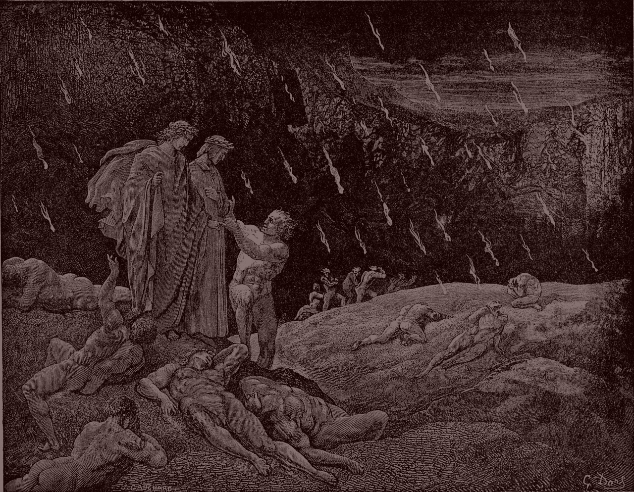 Red-tinted black-and-white painting of two figures traversing through hell.