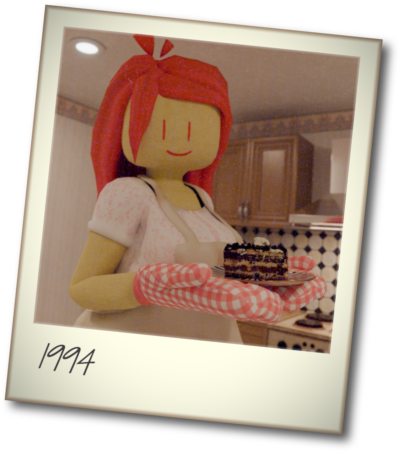 A polaroid of a partygoer (Hailey) with red hair, a floral dress, an apron, and plaid oven mitts in a kitchen and holding up a plate with a pastry on it. Text on the bottom has the year 1994.