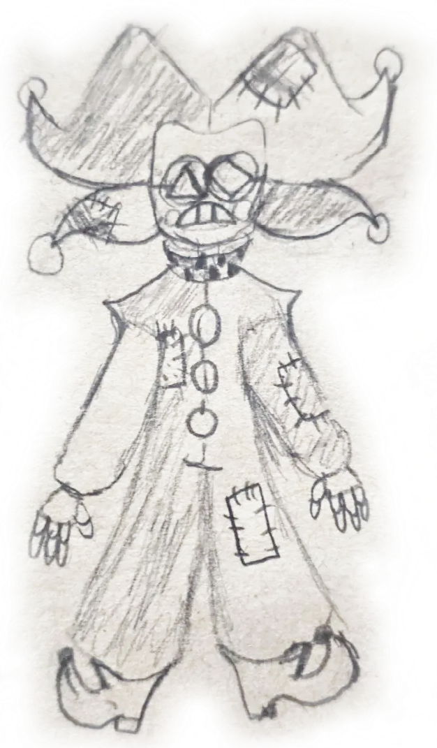 A sketch of a Victor, now The Game Player. He is now a jester with several spots on his body patched with random bits of fabric, and a screen face displaying a frown, and eyes shaped like a triangle and a diamond.