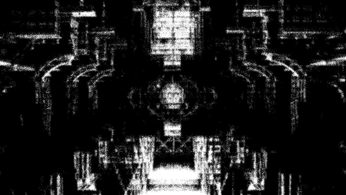 Heavily altered black-and-white image of a massive futuristic laboratory, taken from the ground floor and facing upward.
