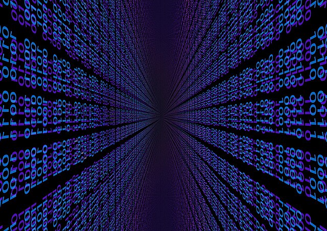 Digital rendition of a binary hallway stretching into darkness.