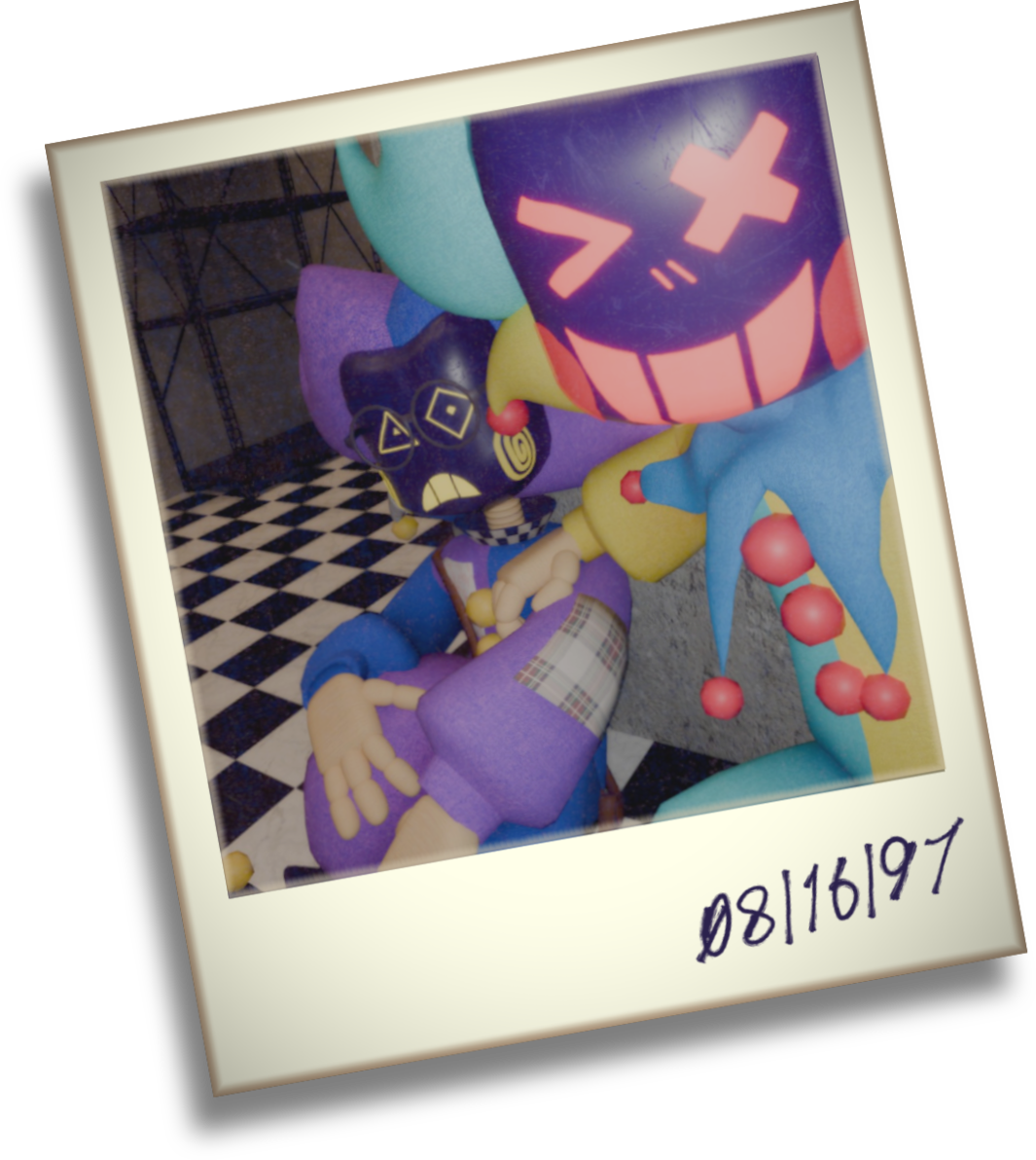 A polaroid of The Game Player and The Game Master. He is looking at the camera with a surprised look, and she is grinning and winking.